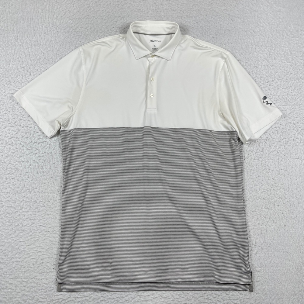 Johnnie-O Polo Shirt Mens Large Meteor White Grey Striped Travel Golf Top